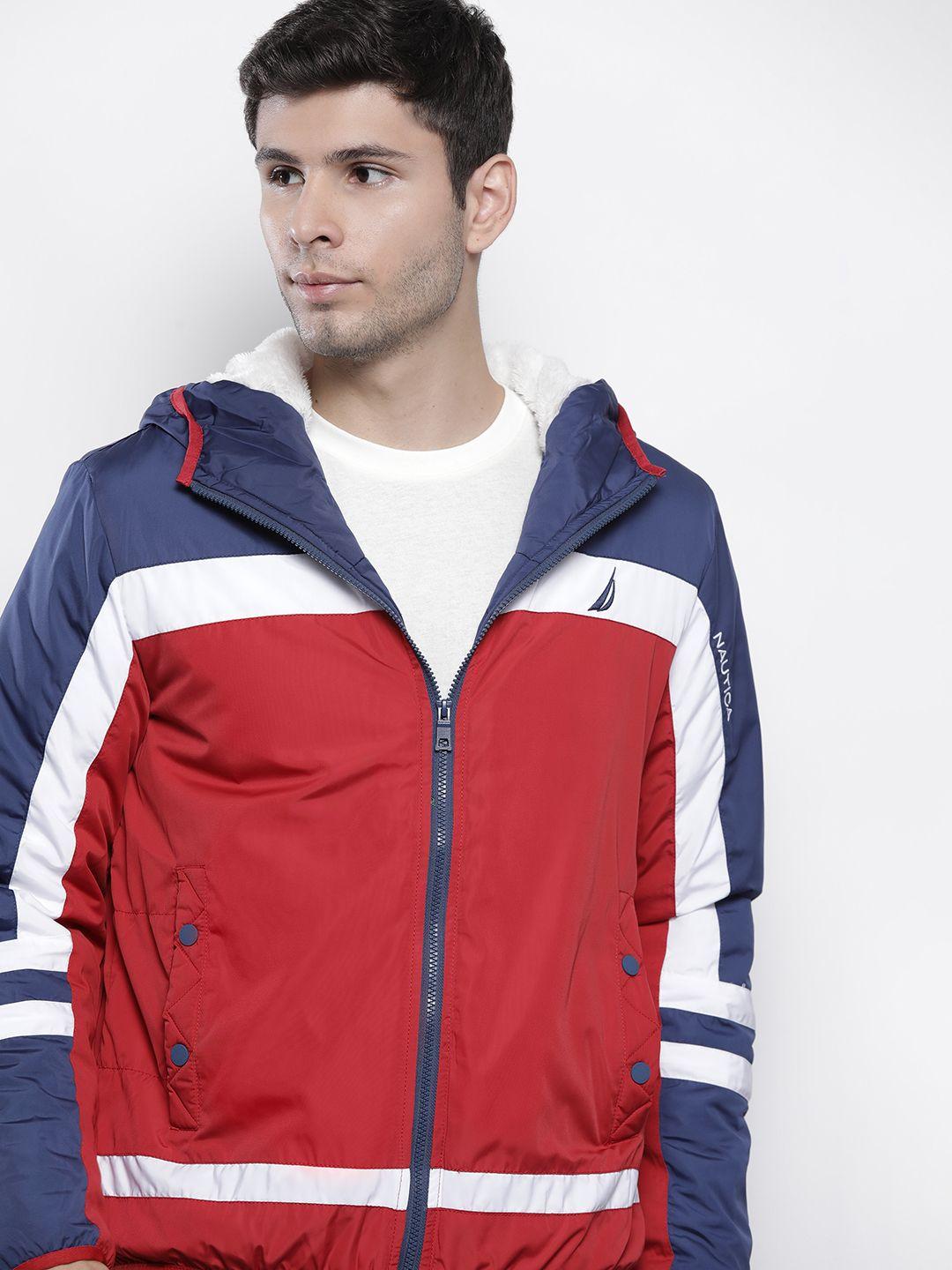 nautica men red & navy blue colourblocked hooded padded jacket