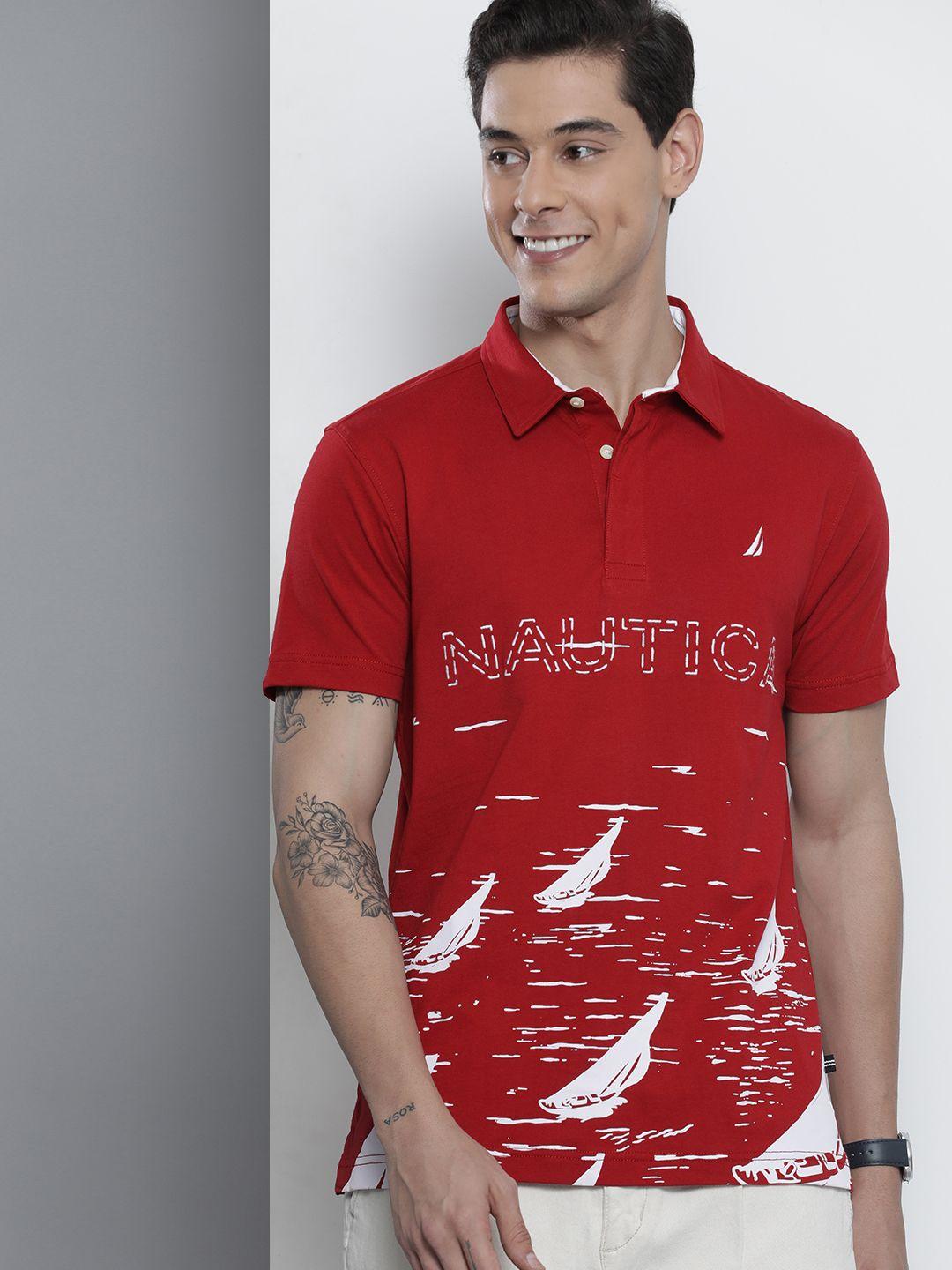 nautica men red & white printed polo collar pure cotton  t-shirt