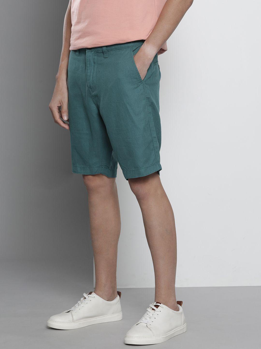 nautica men teal blue solid slim fit linen-cotton shorts