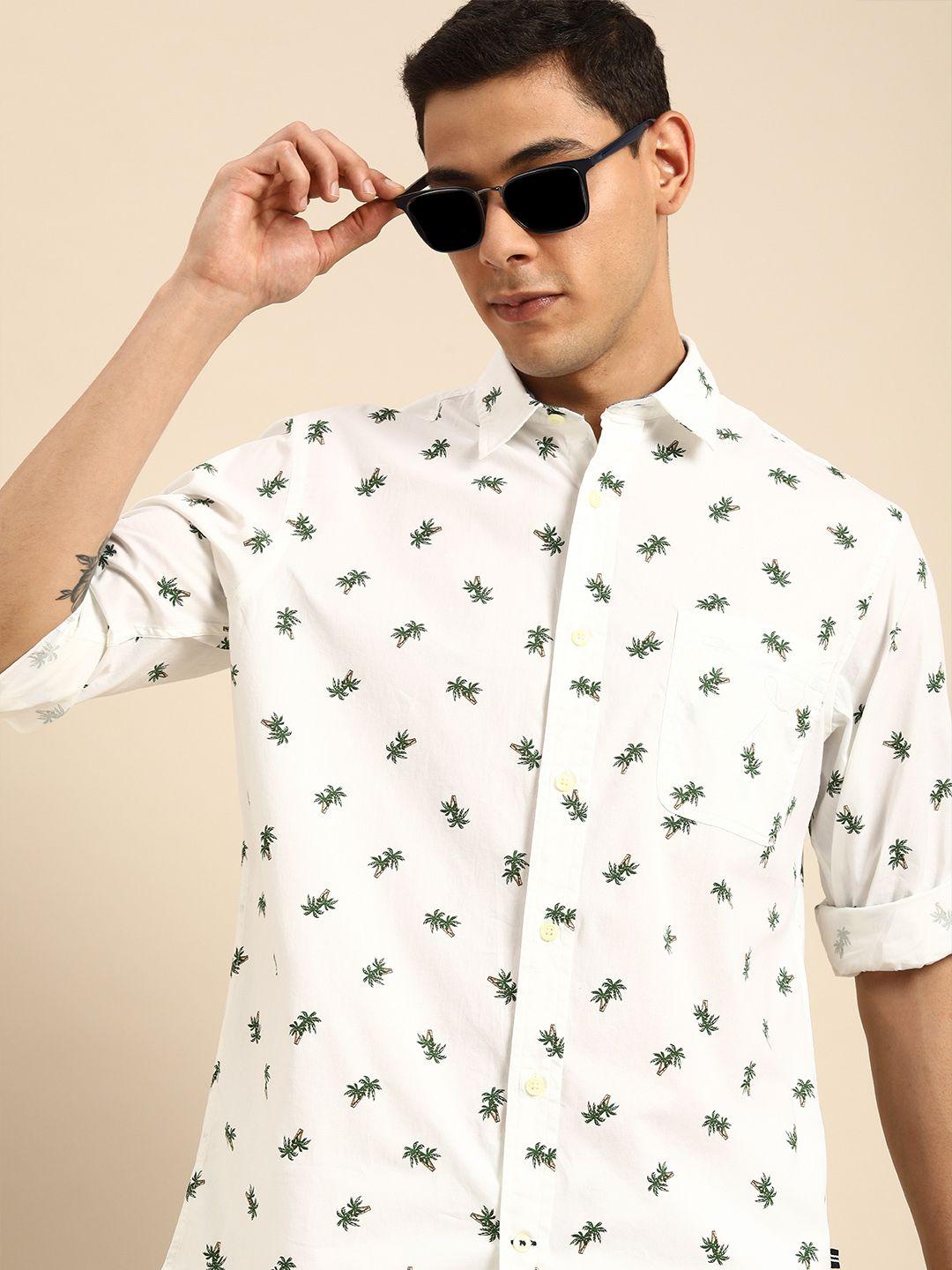 nautica men white & green regular fit printed casual shirt