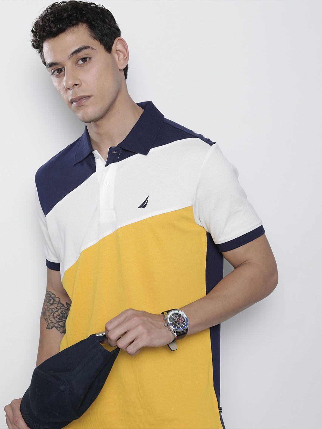 nautica men yellow & navy blue colourblocked polo collar t-shirt