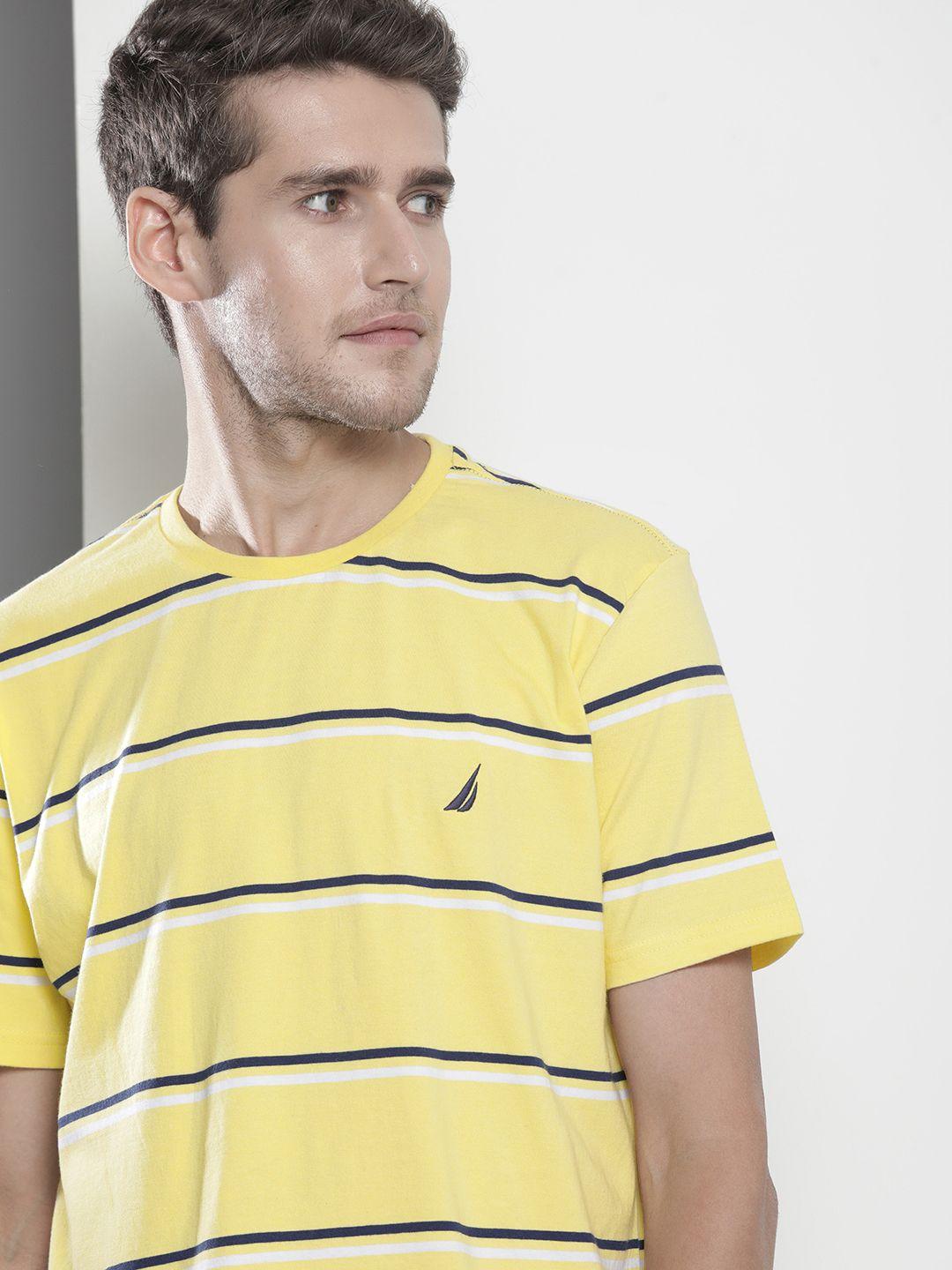 nautica men yellow striped pure cotton t-shirt