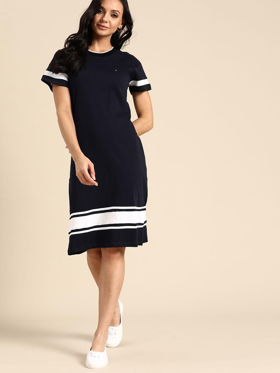 nautica navy blue & white pure cotton striped detail  t-shirt dress