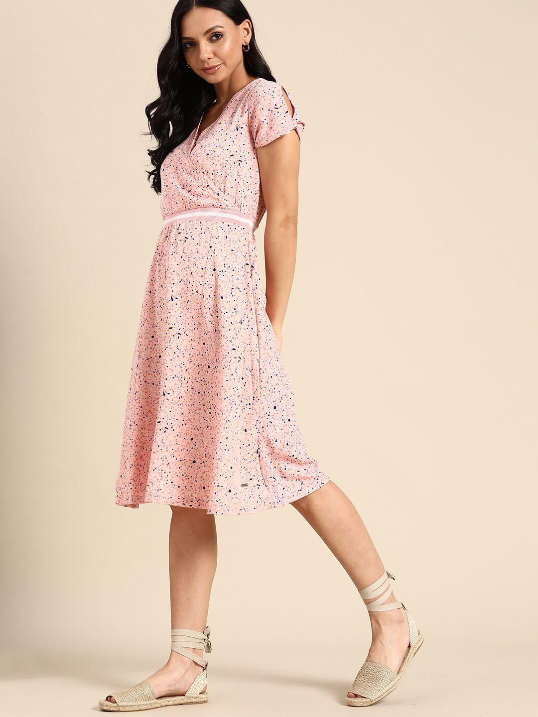 nautica pink & blueprinted midi wrap dress