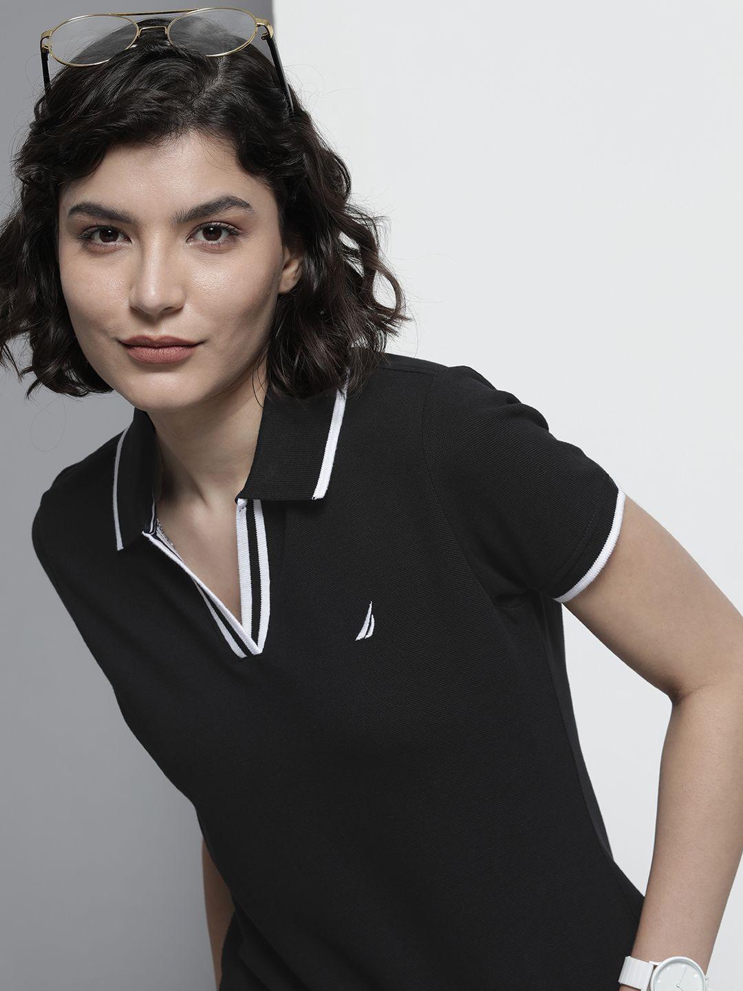 nautica women black solid polo collar pure cotton casual t-shirt