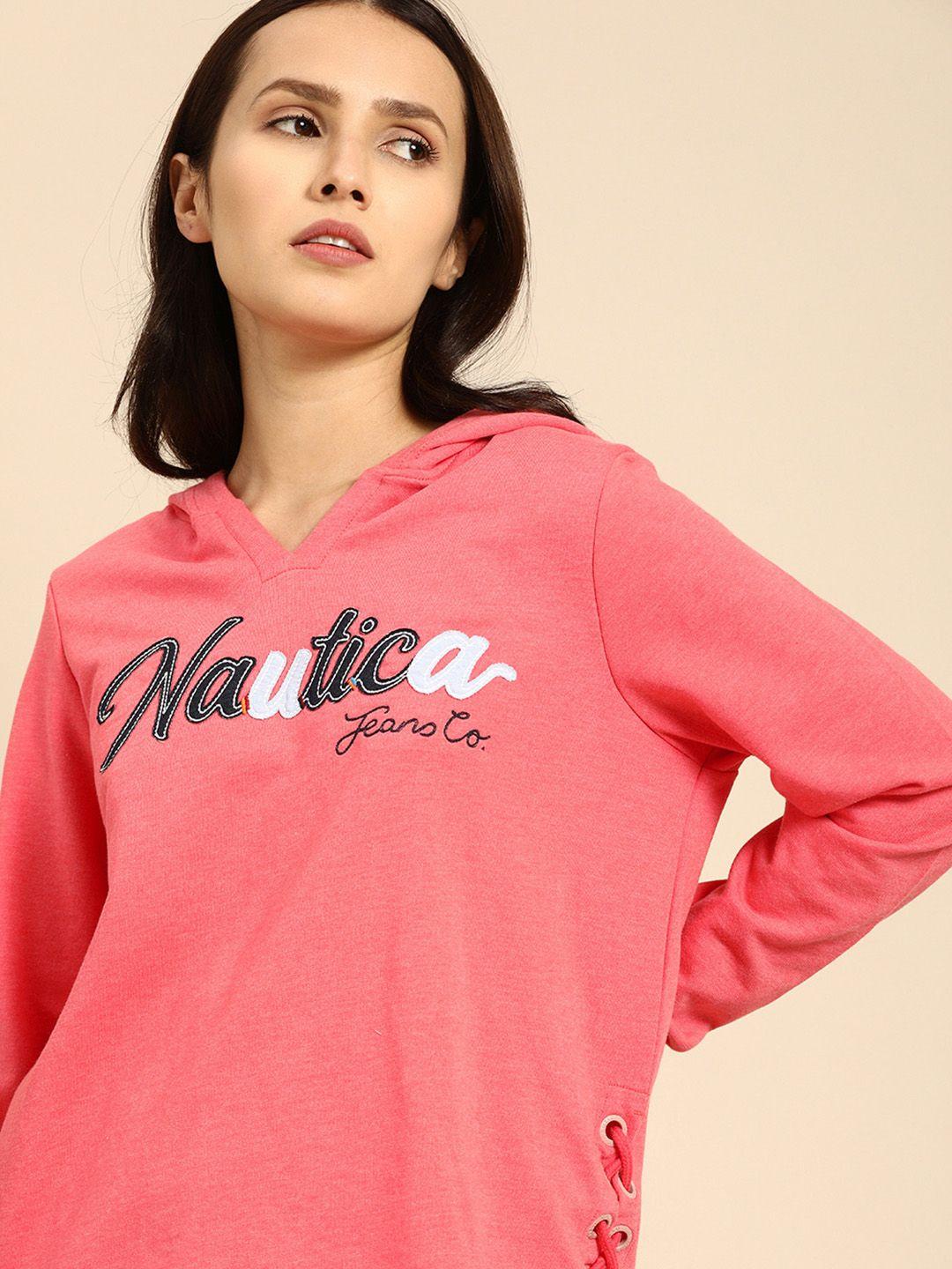 nautica women dark coral hooded embroidered logo v neck sweatshirt