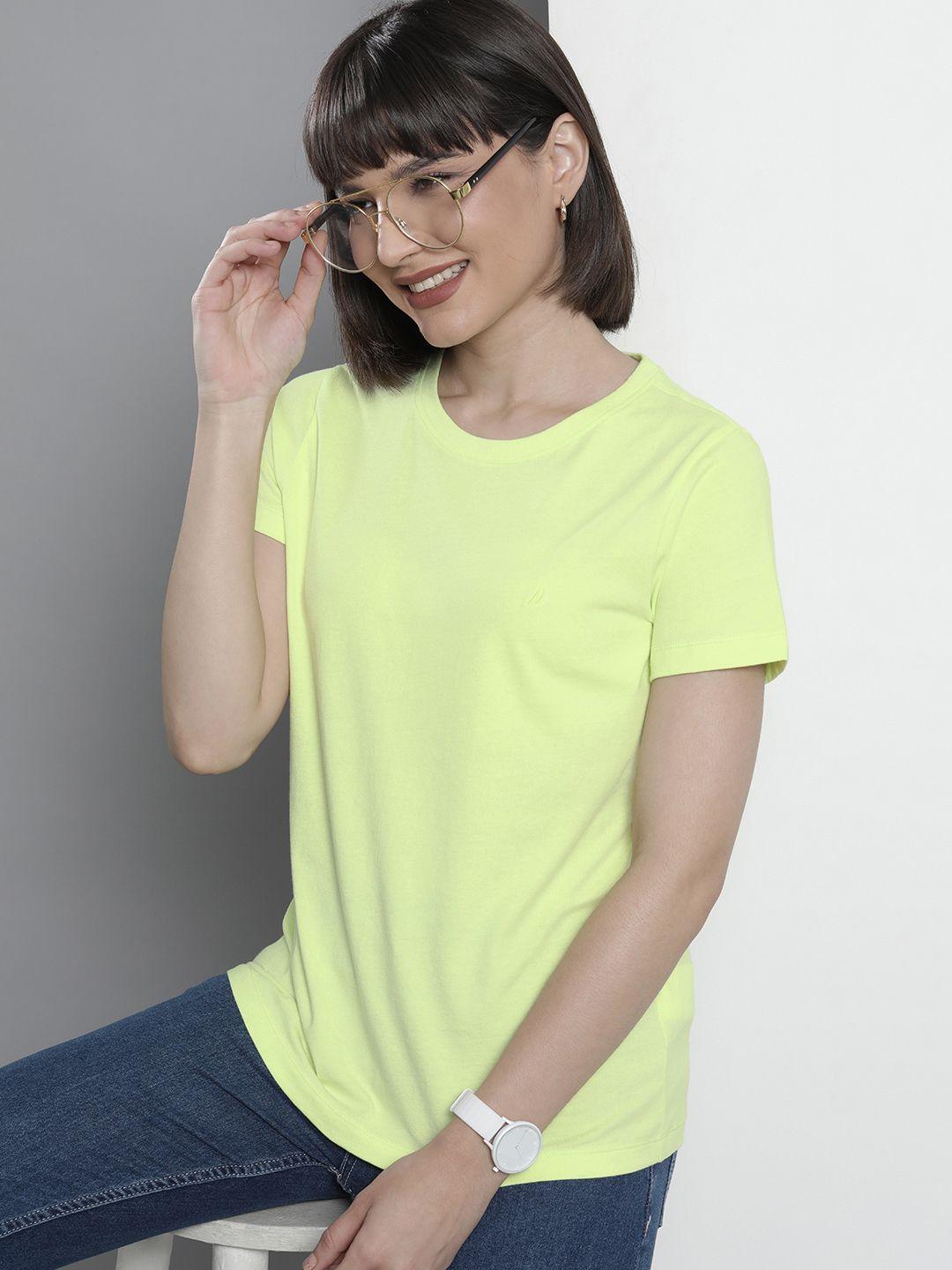 nautica women lime green solid pure cotton t-shirt