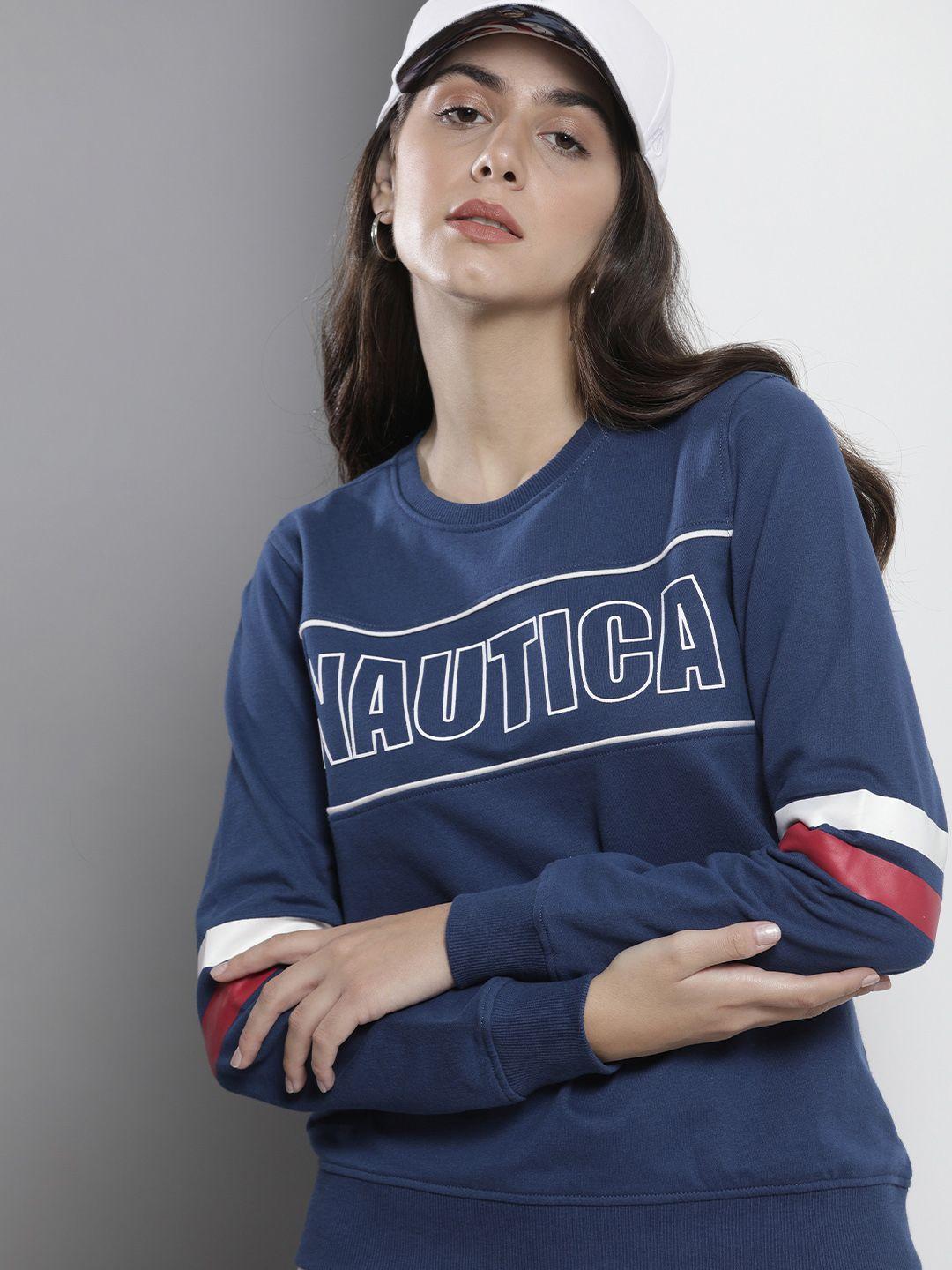 nautica women navy blue printed sweatshirt