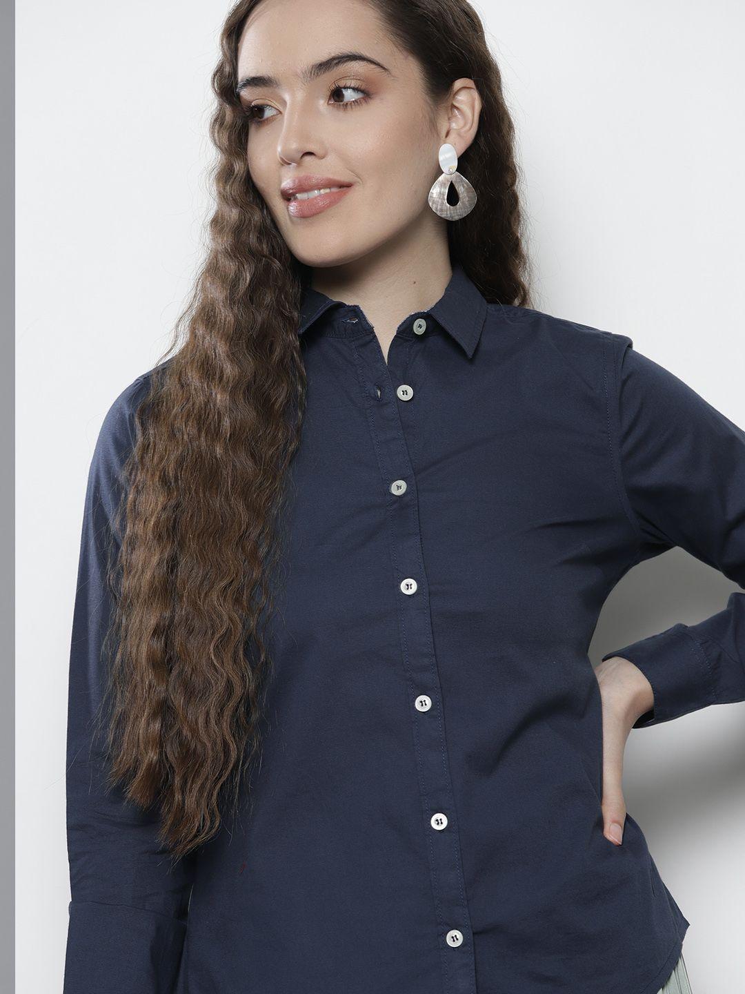 nautica women navy blue regular fit solid casual shirt