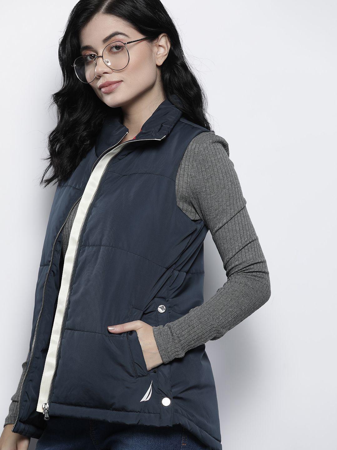 nautica women navy blue solid padded jacket