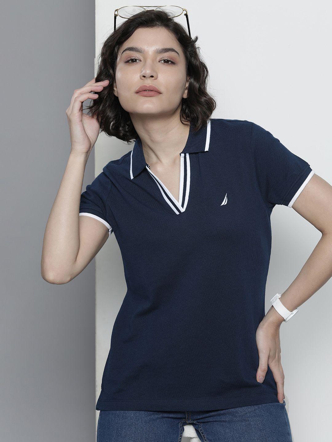 nautica women navy blue solid polo collar pure cotton t-shirt