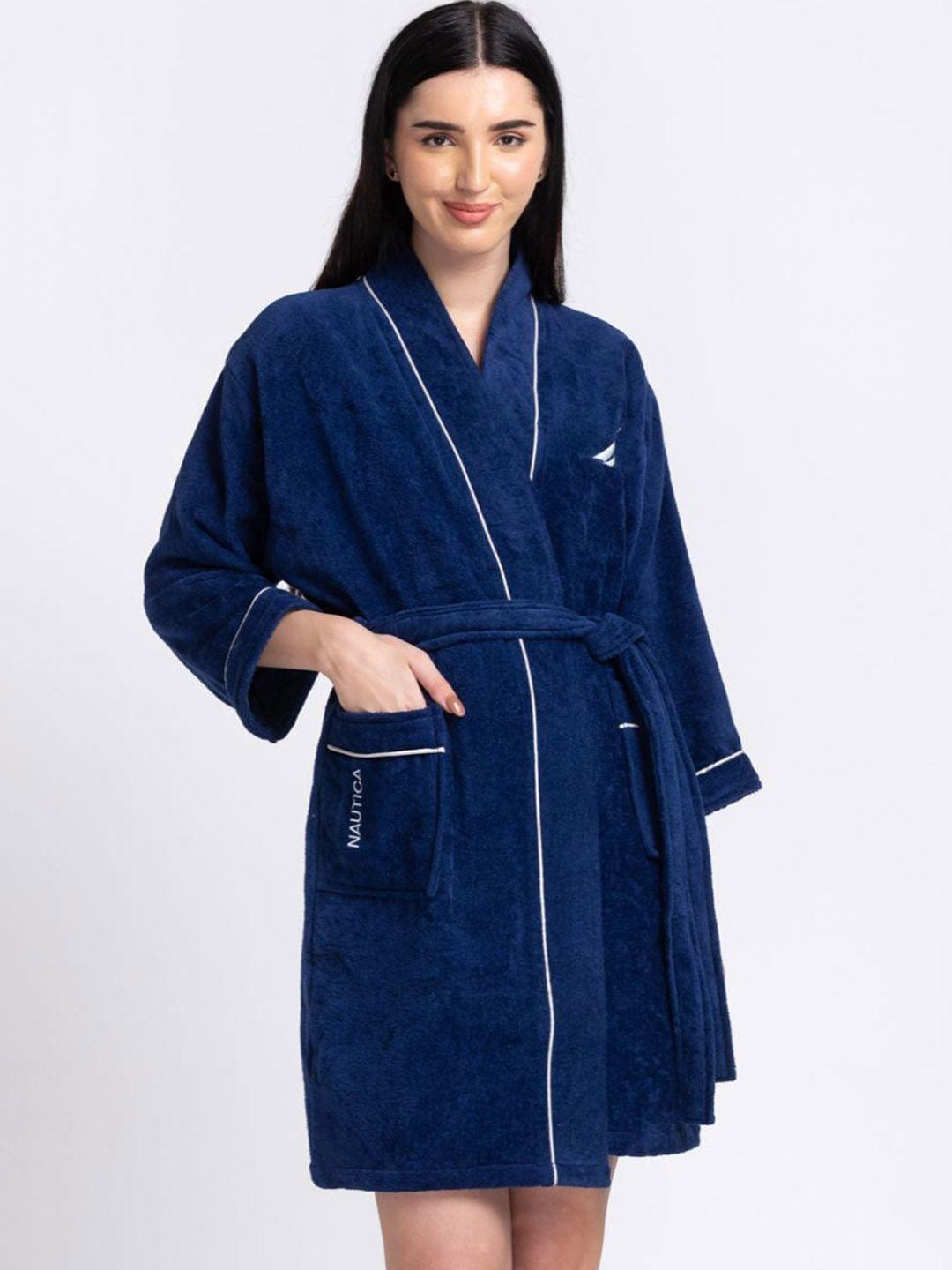 nautica women navy blue solid pure cotoon bath robe
