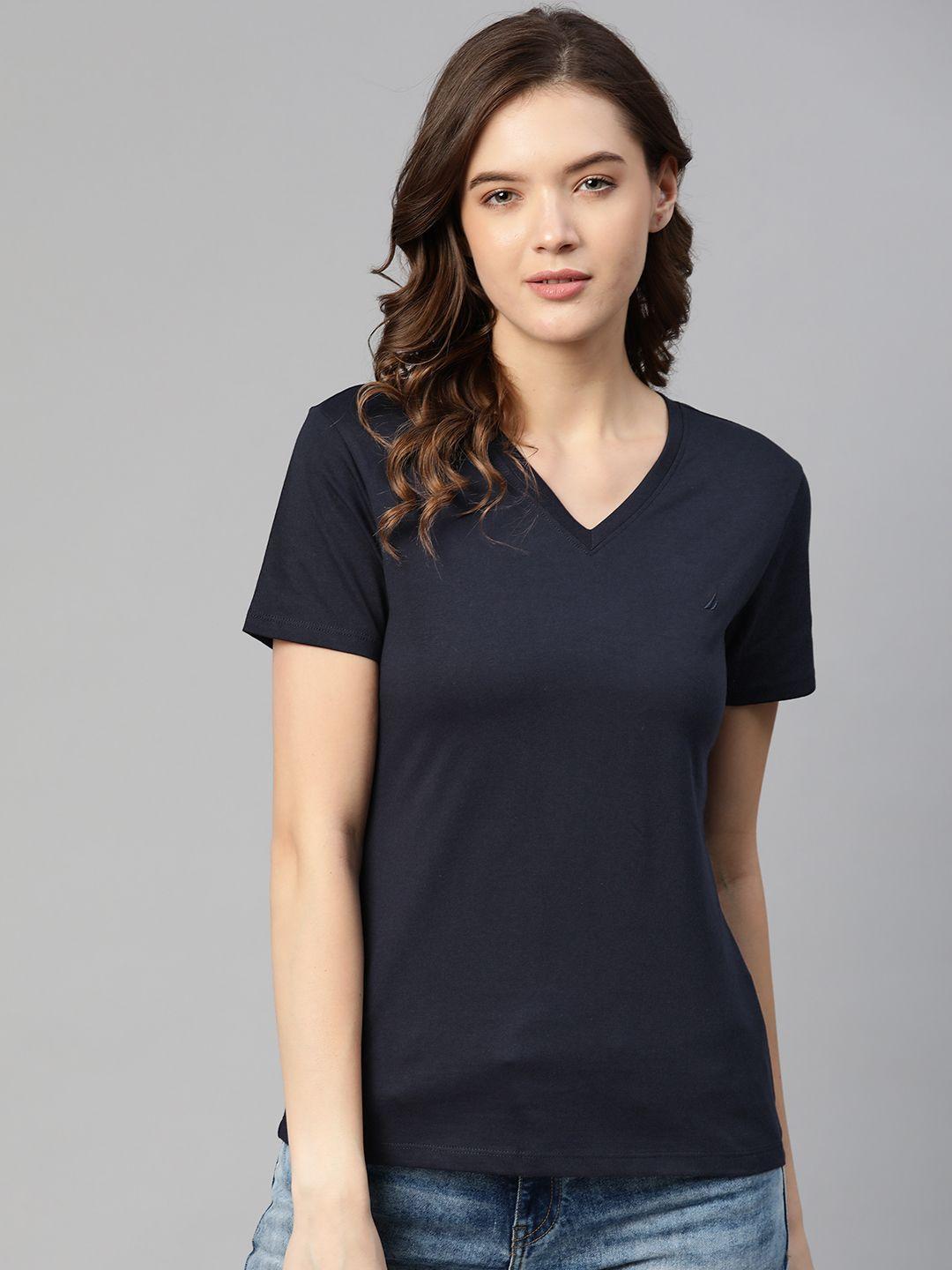 nautica women navy blue solid pure cotton v-neck pure cotton t-shirt