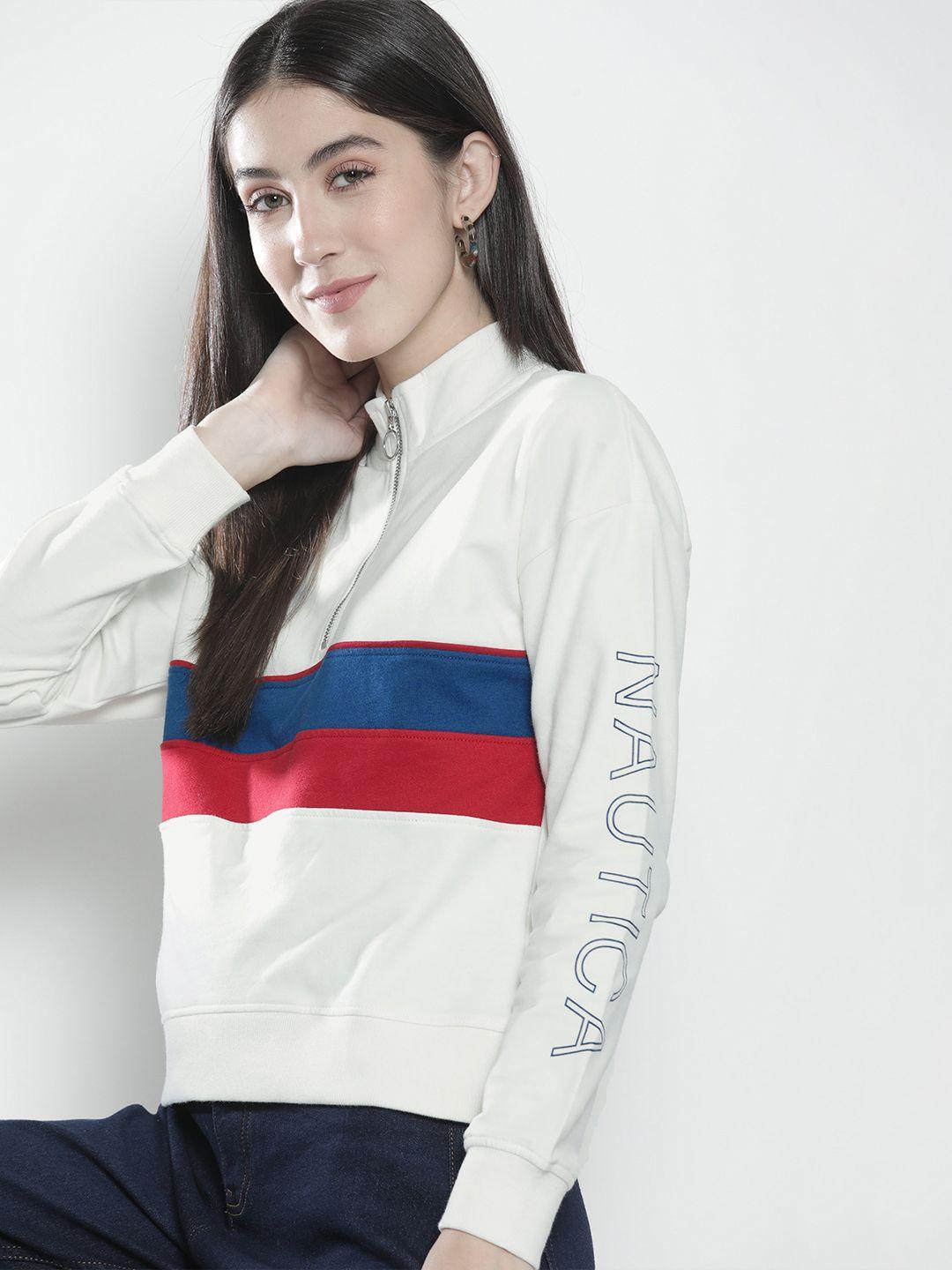 nautica women off-white striped sweatshirt