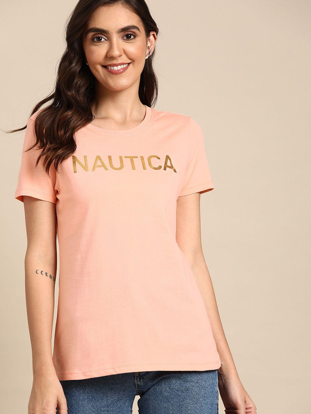 nautica women peach pink brand logo print round neck regular sleeves pure cotton t-shirt