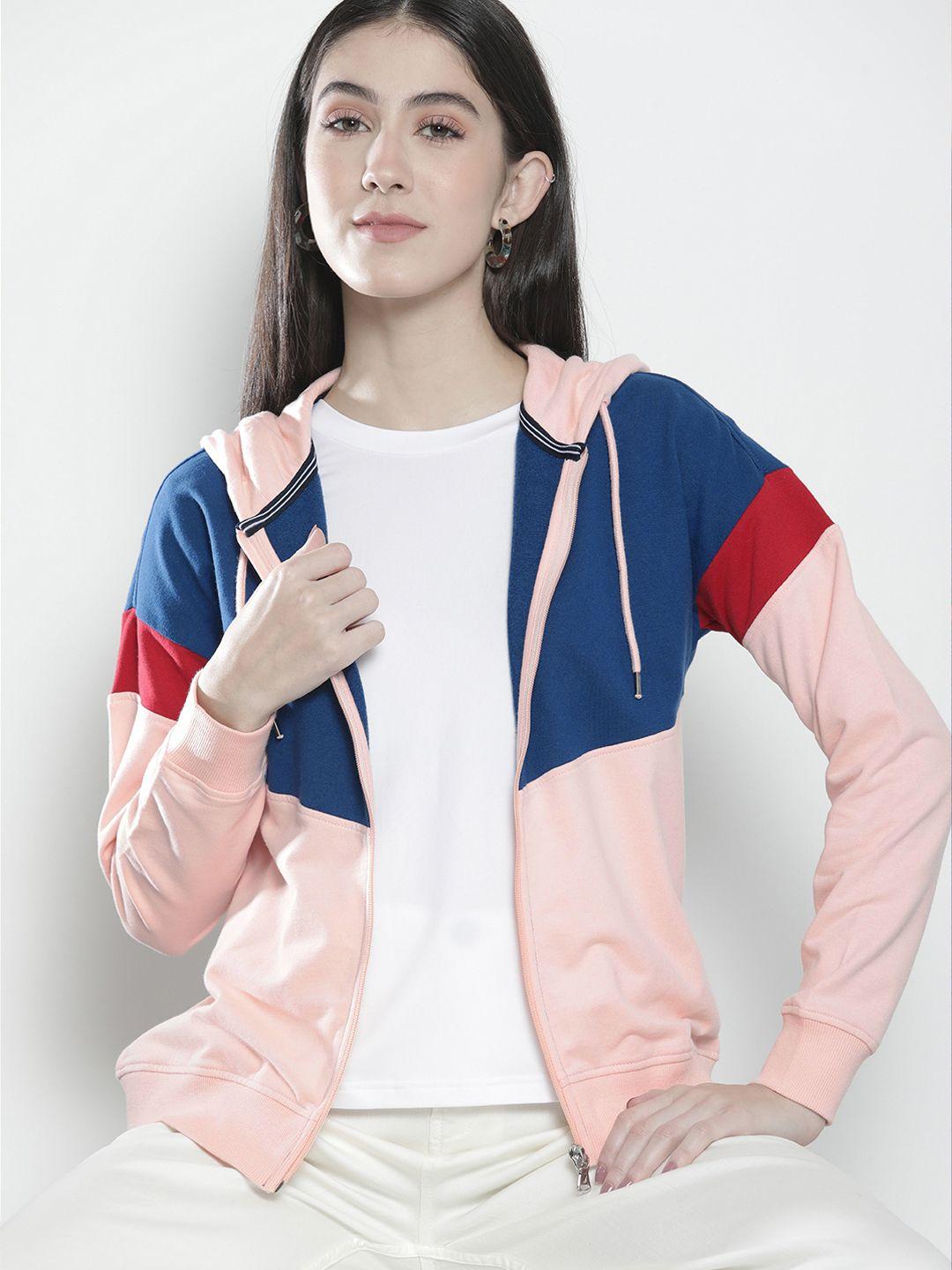 nautica women pink and navy blue colourblocked hooded sweatshirt