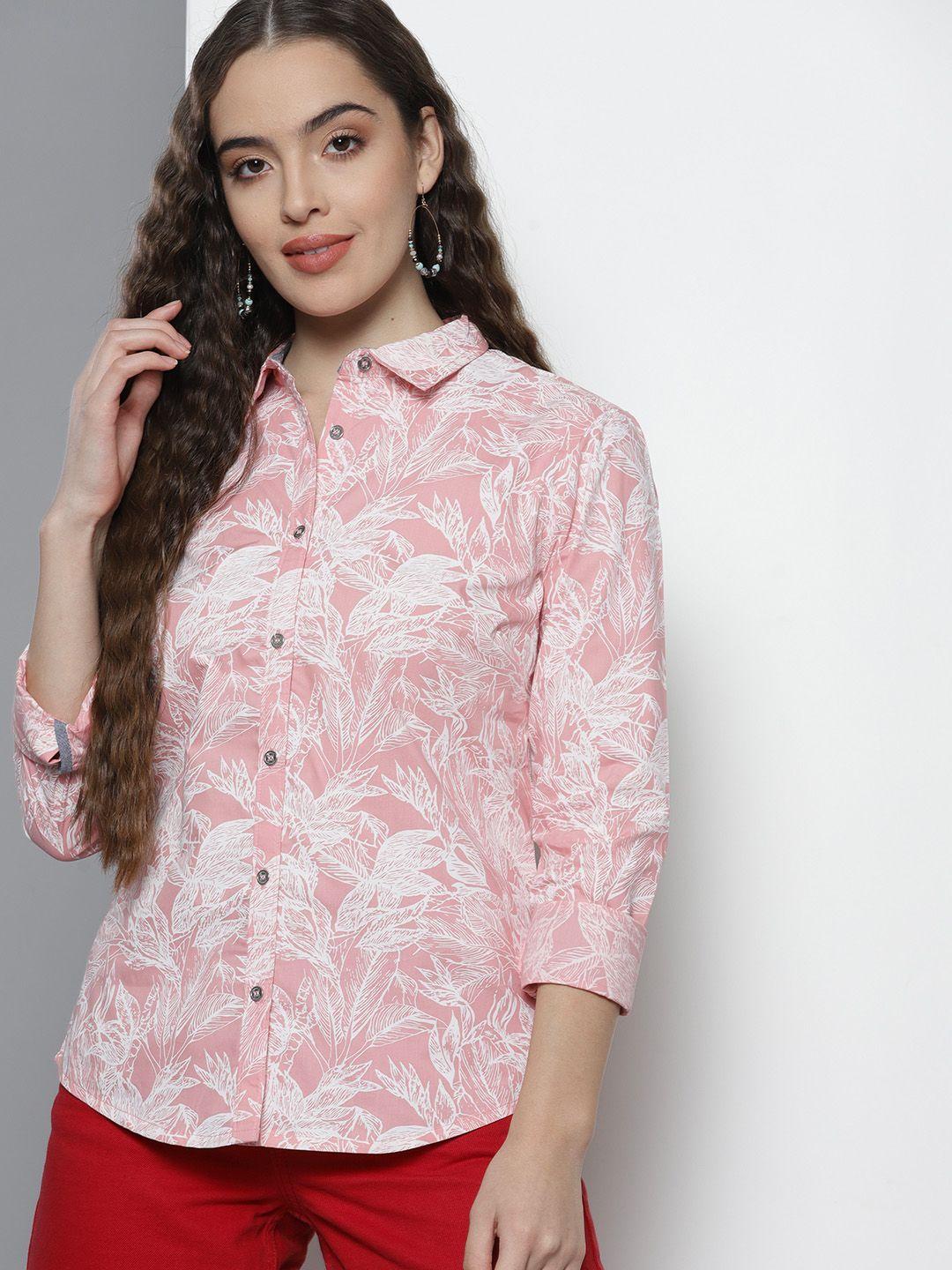 nautica women pink regular fit floral print cotton casual shirt