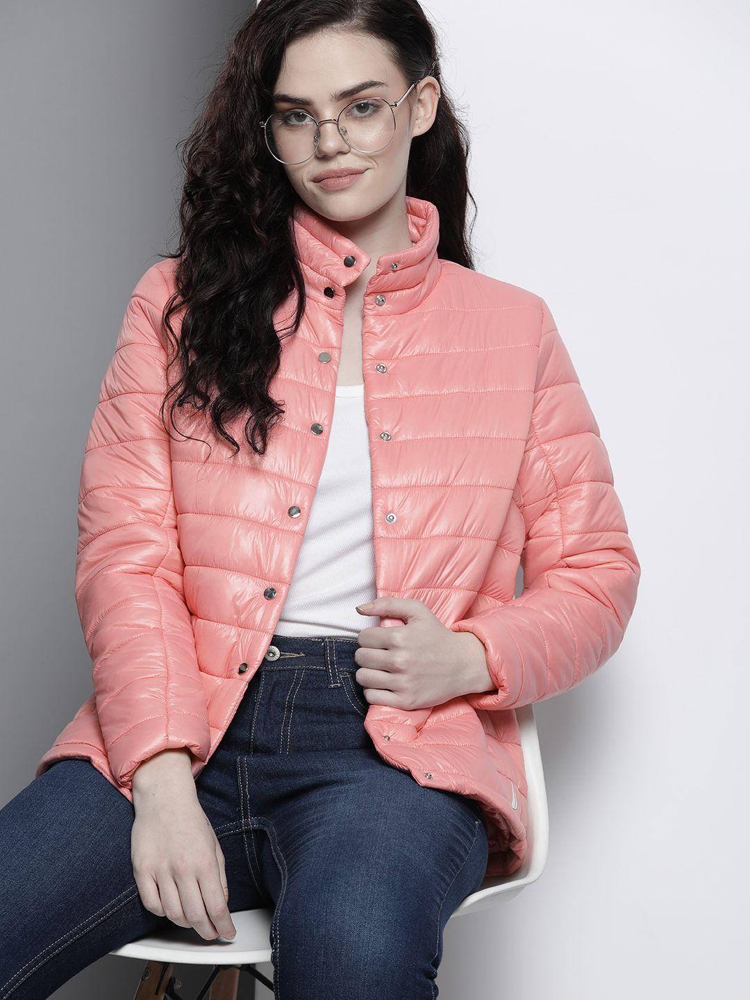 nautica women pink solid padded jacket