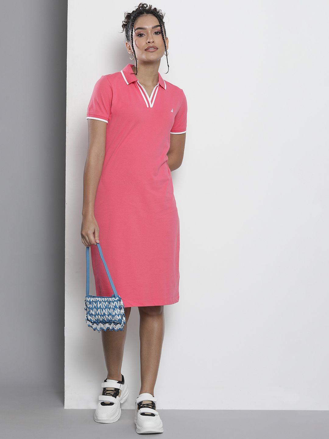 nautica women pink solid polo collar t-shirt dress