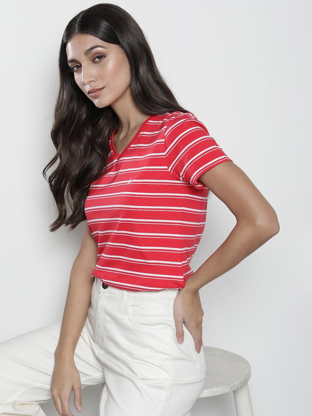 nautica women red & white striped v-neck pure cotton t-shirt