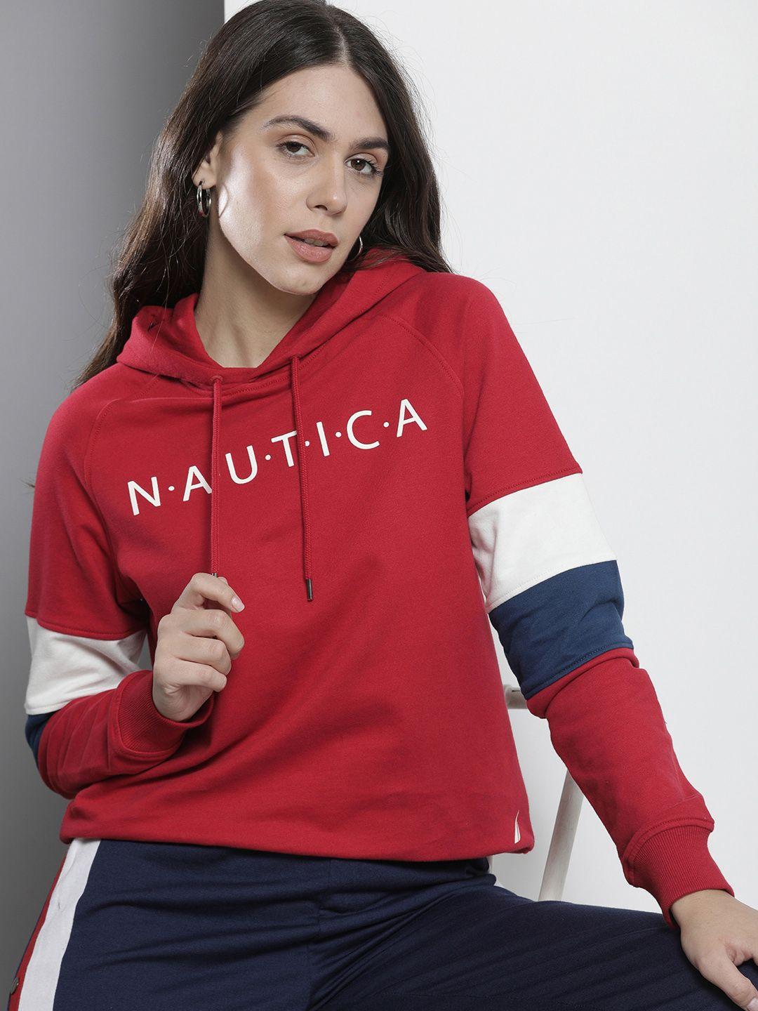 nautica women red printed hooded sweatshirt