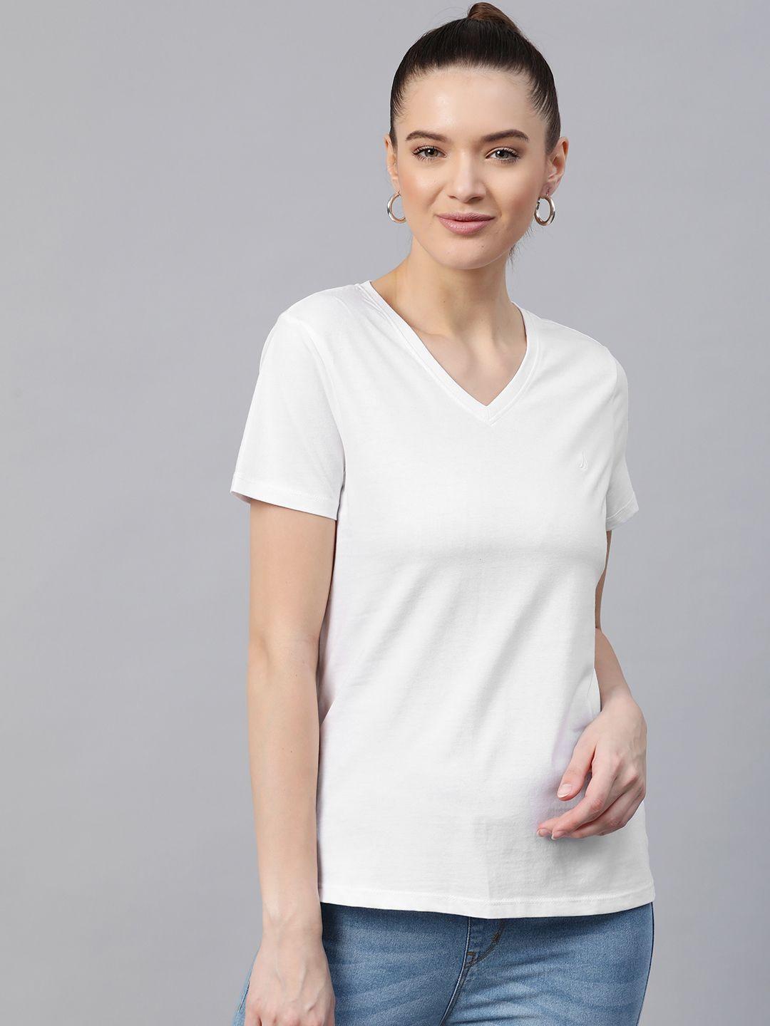 nautica women white solid pure cotton v-neck t-shirt