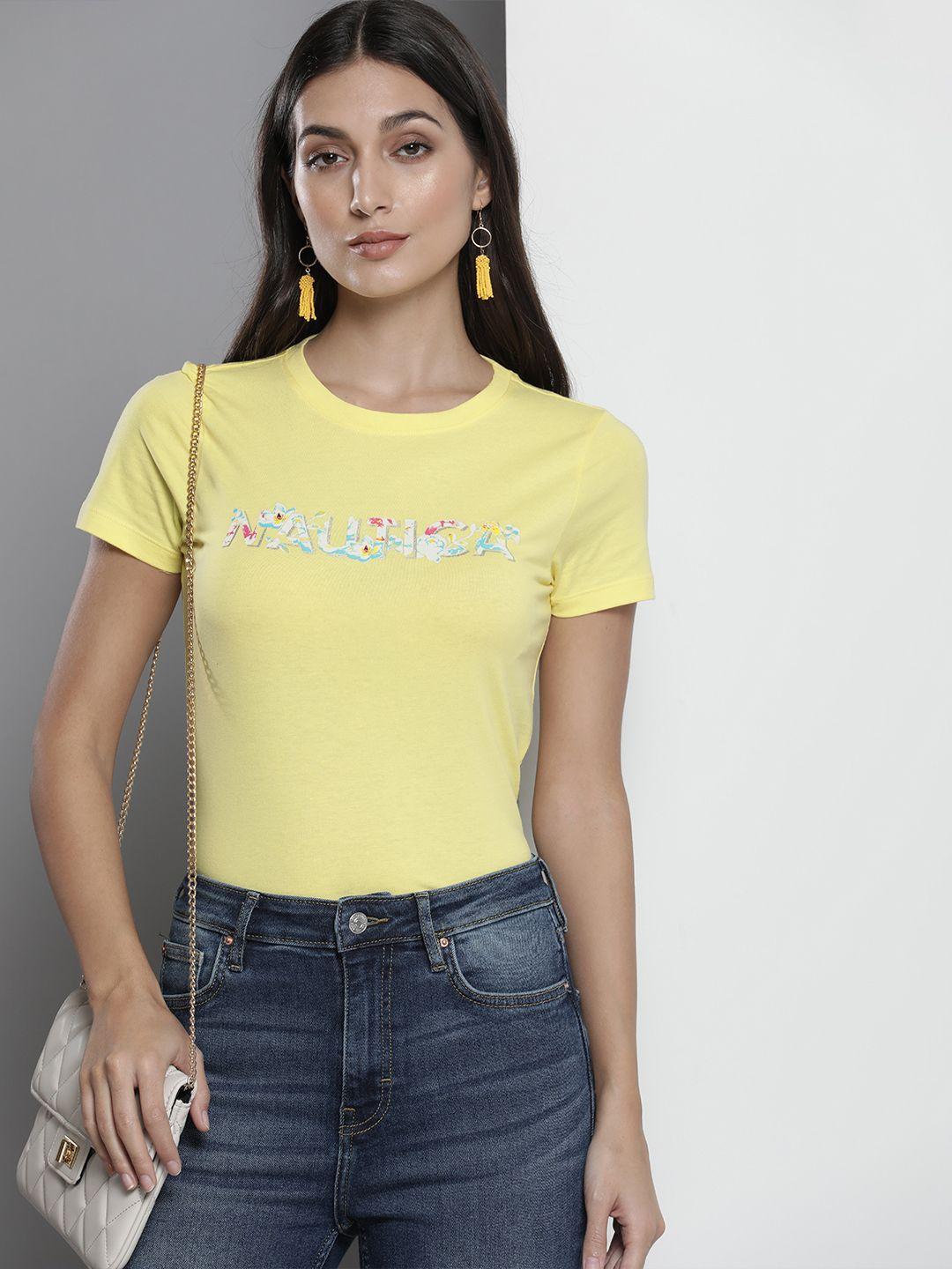 nautica women yellow brand logo printed pure cotton t-shirt