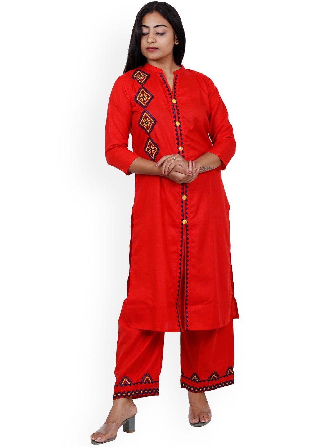 navgya ethnic motifs embroidered mandarin collar regular kurta with palazzo