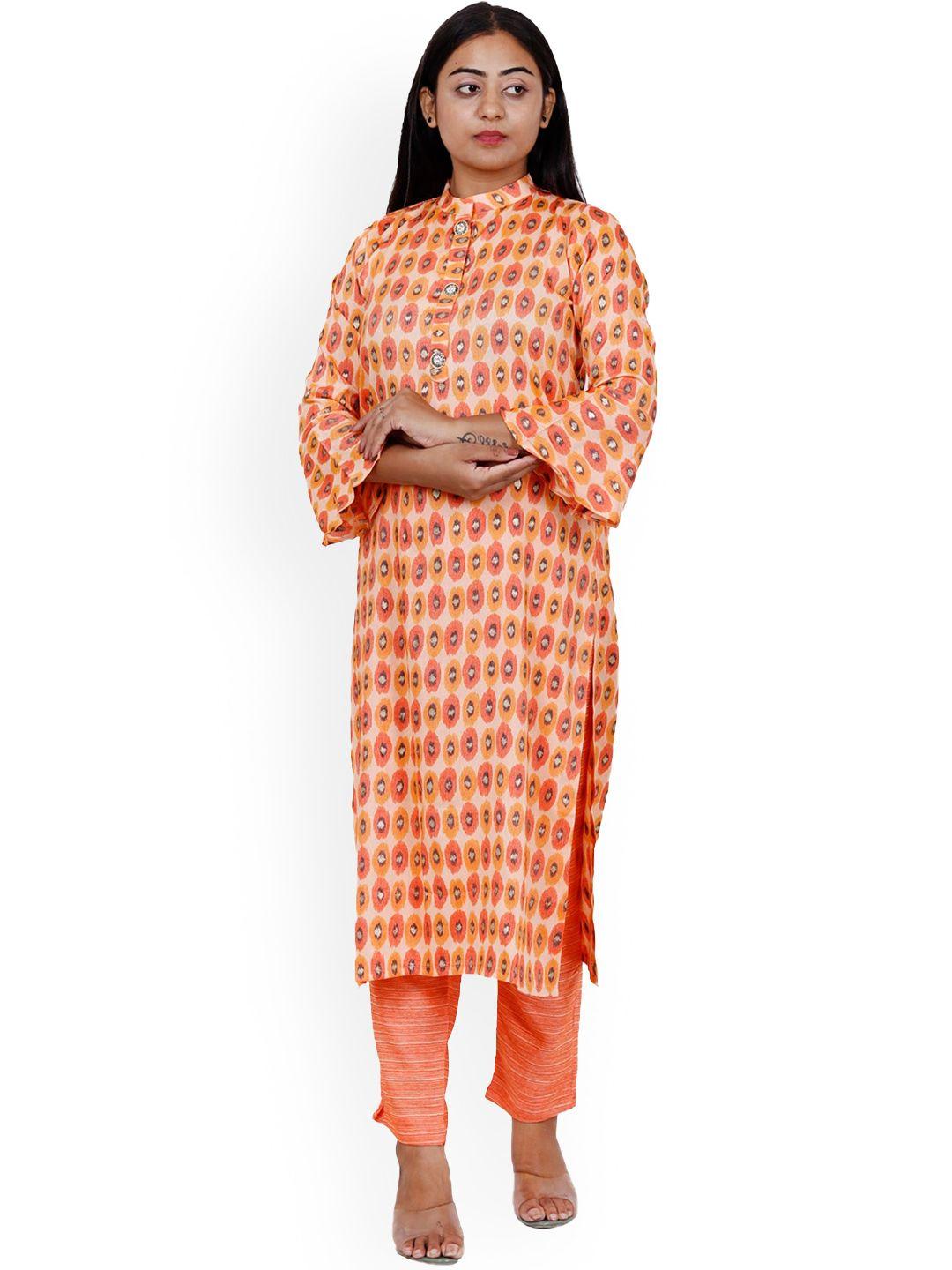 navgya ethnic motifs printed band collar bell sleeves linen kurta with trousers
