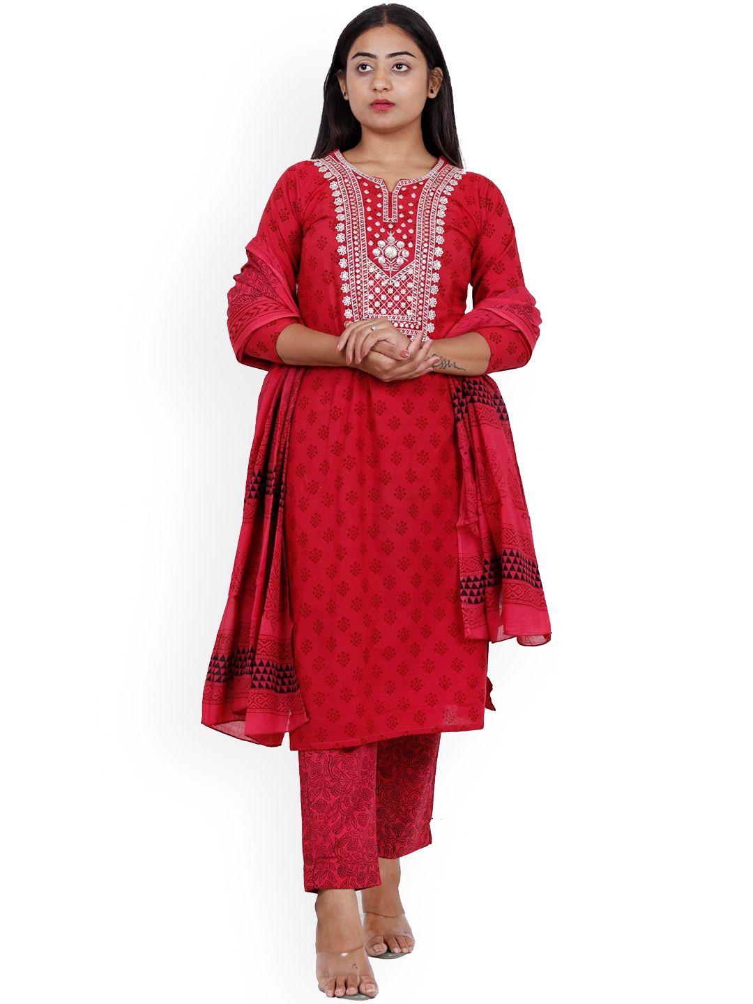 navgya ethnic motifs printed thread work pure cotton kurta with salwar & dupatta