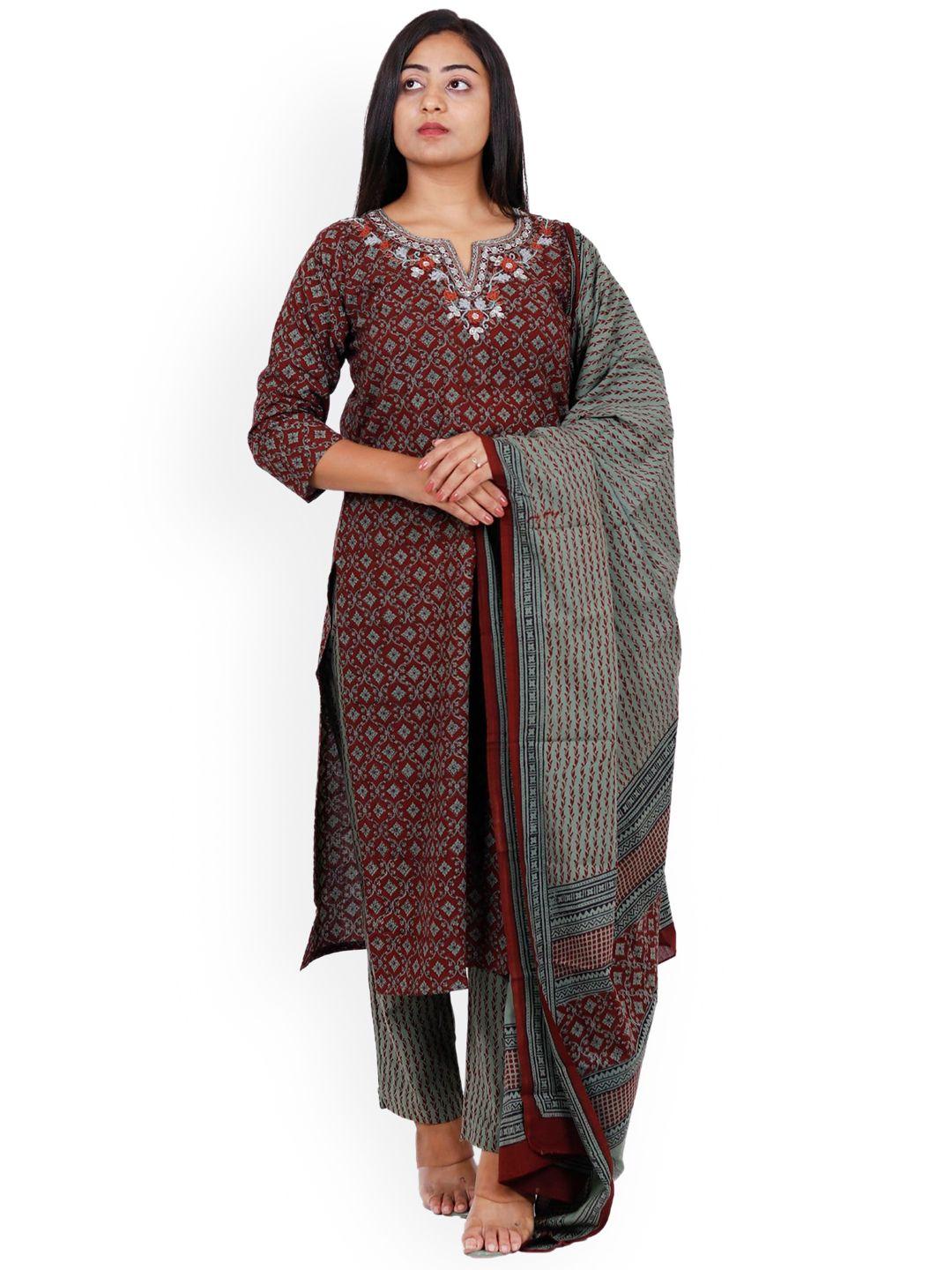 navgya ethnic motifs printed thread work pure cotton straight kurta & trouser with dupatta