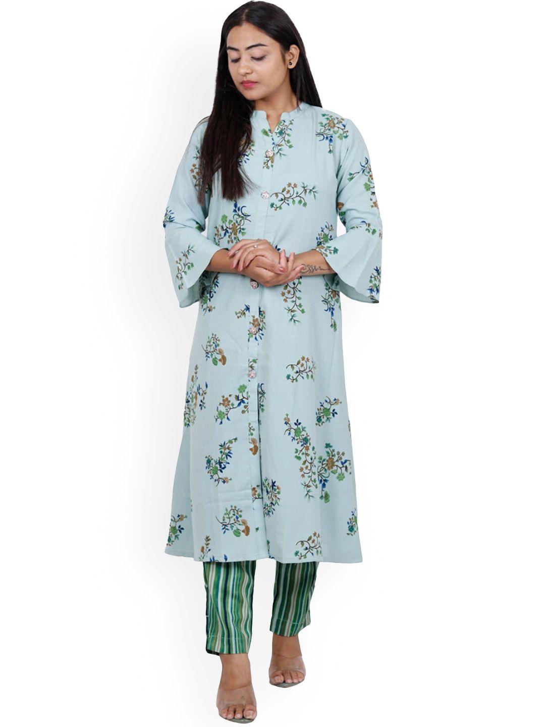navgya floral printed mandarin collar bell sleeve regular kurta with trouser