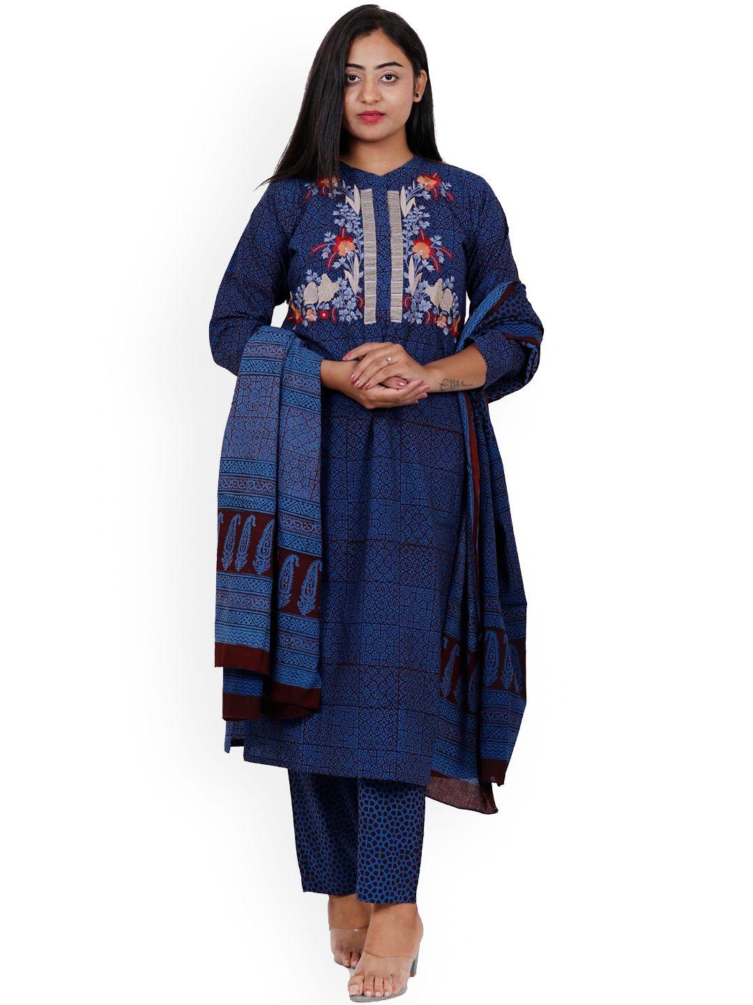 navgya floral printed pure cotton mandarin collar thread work kurta with salwar & dupatta