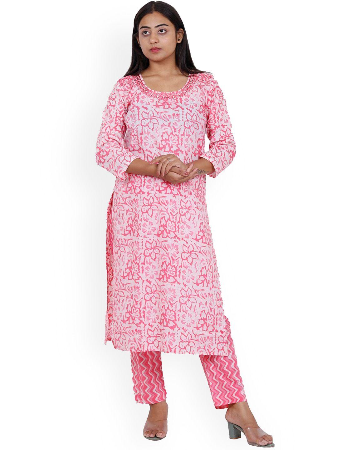 navgya floral printed three-quarter sleeve regular pure cotton kurta with trouser