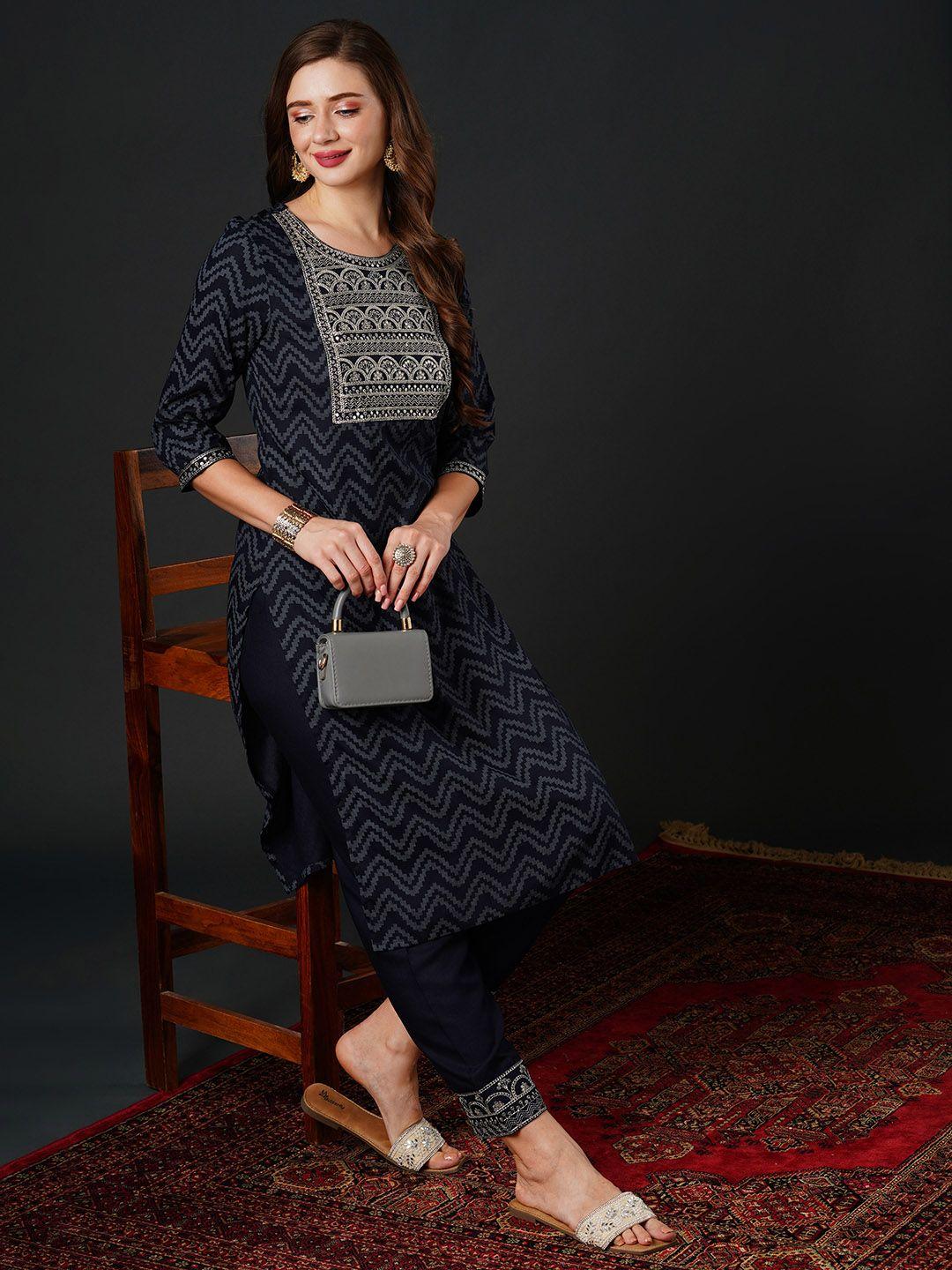 navibhu chevron printed sequinned kurta with trousers