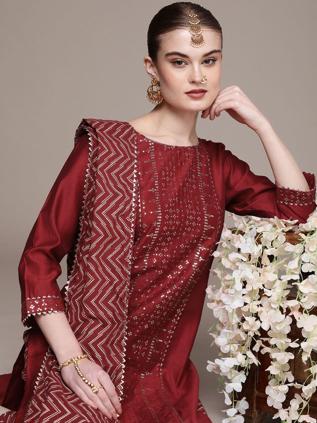 navibhu ethnic motifs embroidered regular sequinned kurta with trousers & dupatta