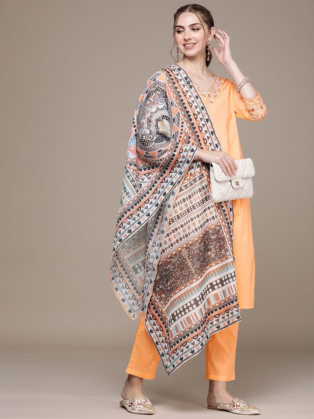 navibhu ethnic motifs embroidered thread work pure cotton kurta with trousers & dupatta