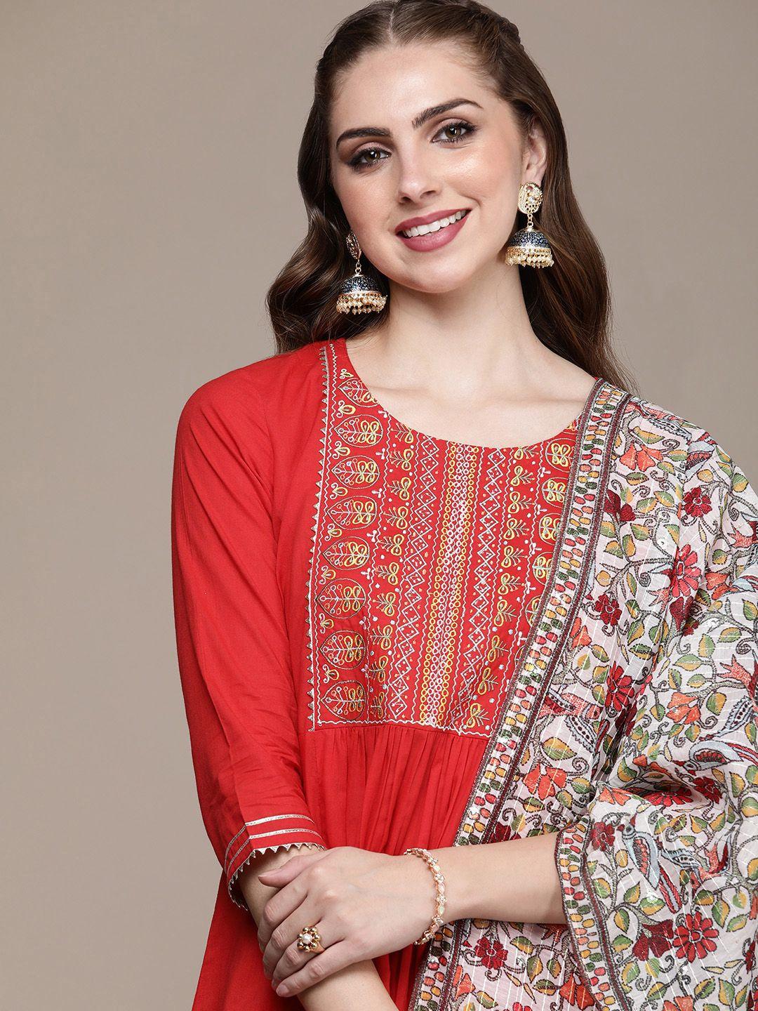 navibhu ethnic motifs embroidered thread work pure cotton kurta with trousers & dupatta