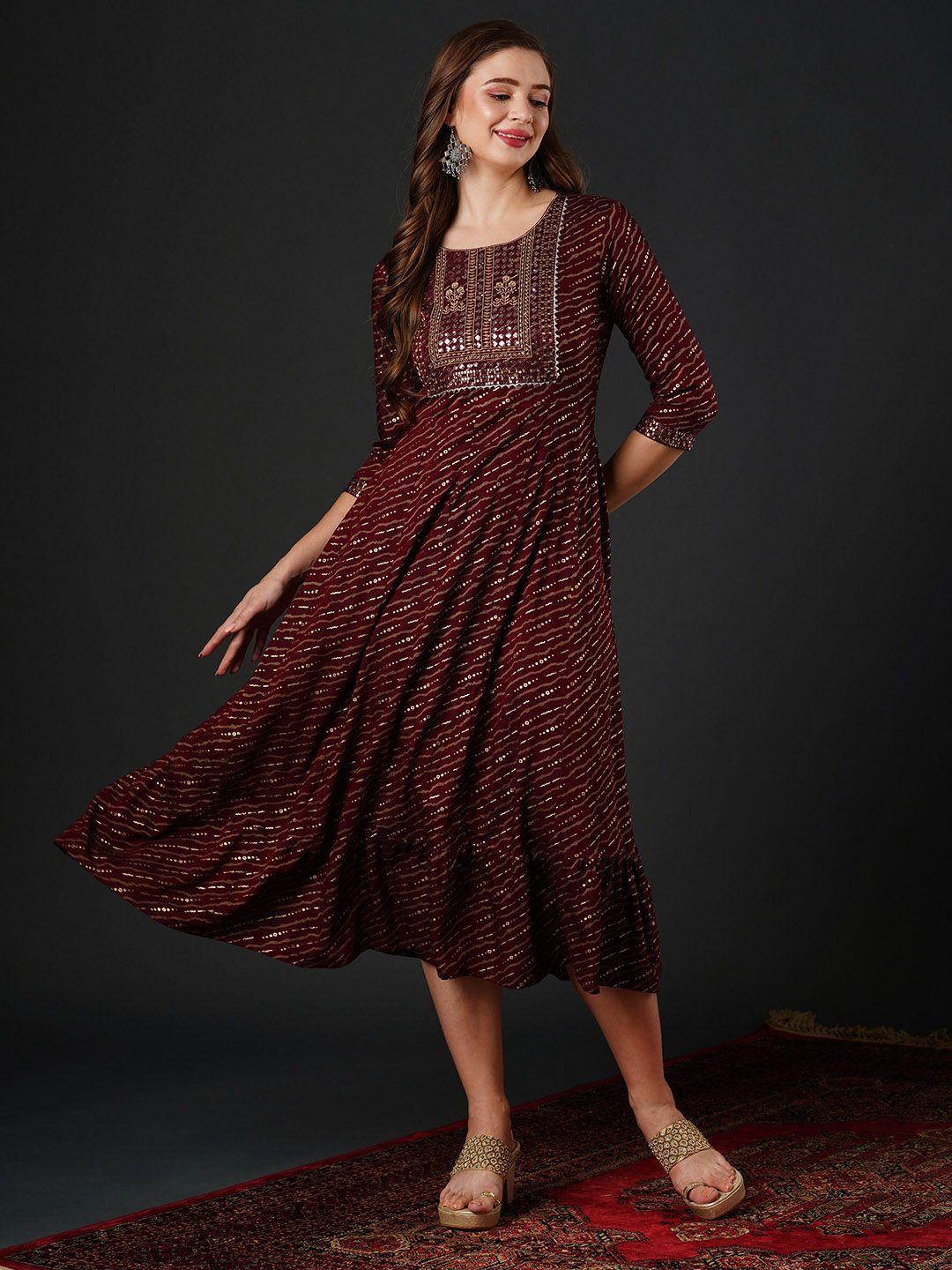 navibhu ethnic motifs printed round neck sequinned fit & flare midi ethnic dress