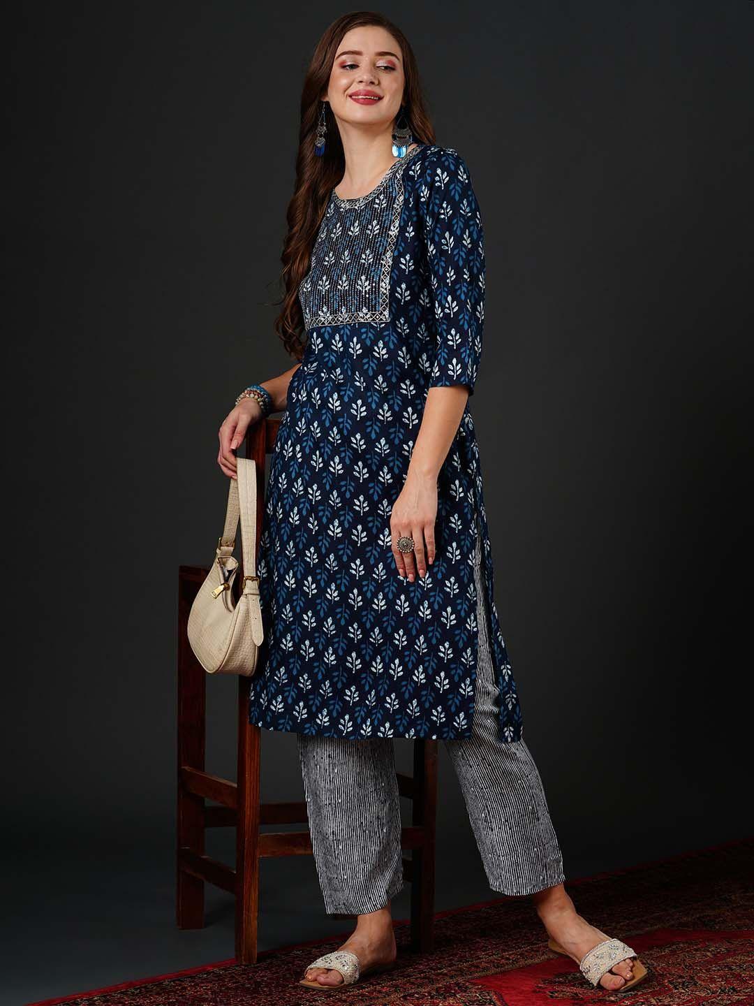 navibhu ethnic motifs printed sequinned kurta with trousers