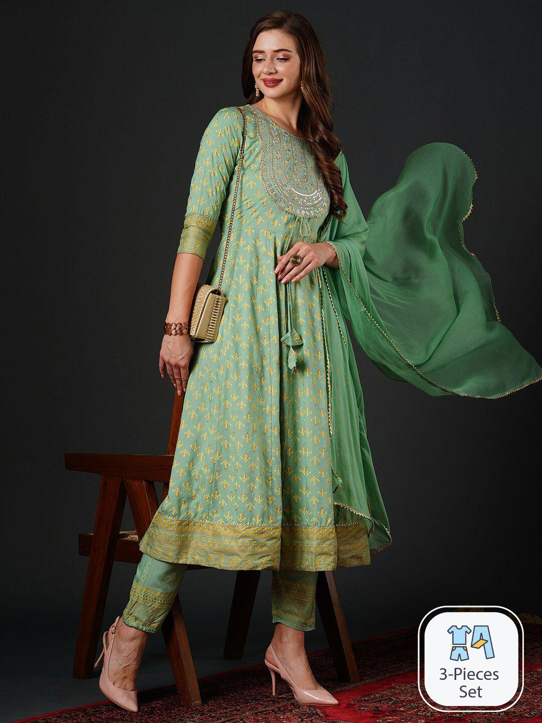 navibhu ethnic motifs printed thread work detail a-line kurta & trousers with dupatta