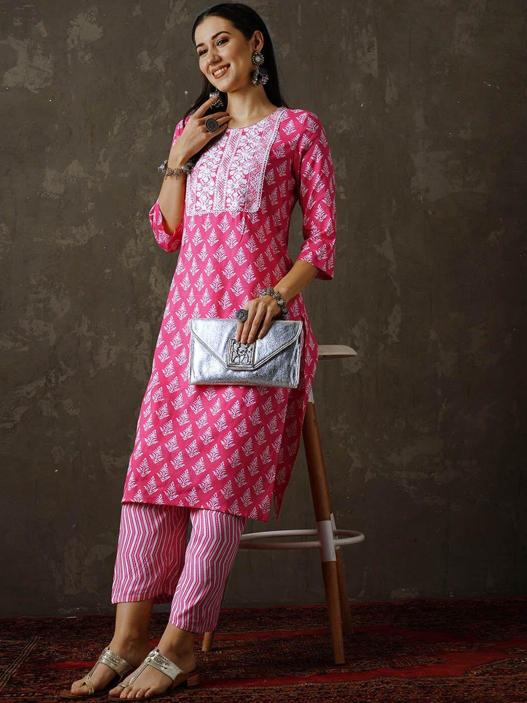 navibhu ethnic motifs printed thread work detail straight kurta & trousers