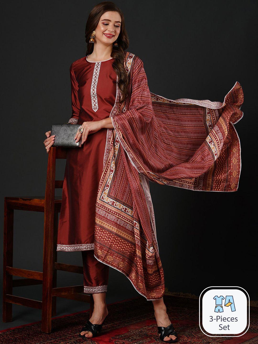 navibhu ethnic motifs yoke design thread work kurta & trousers with dupatta