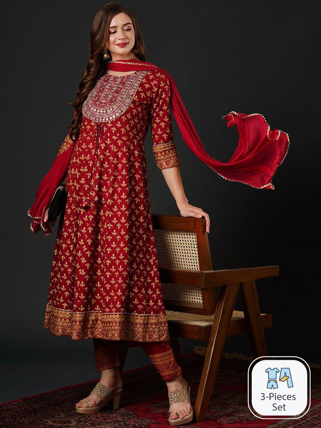 navibhu floral embroidered empire sequinned kurta with trousers & with dupatta