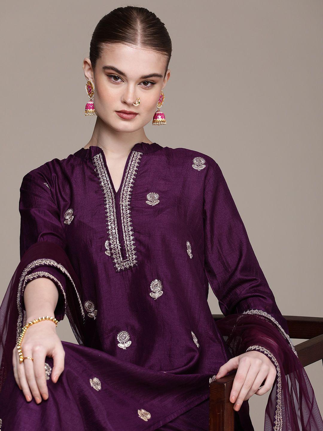 navibhu floral embroidered regular sequinned kurta with trousers & dupatta