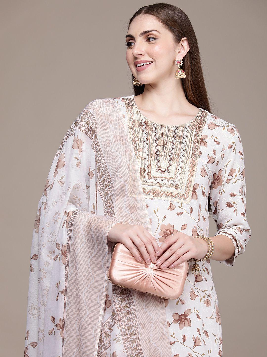 navibhu floral embroidered regular sequinned kurta with trousers & dupatta