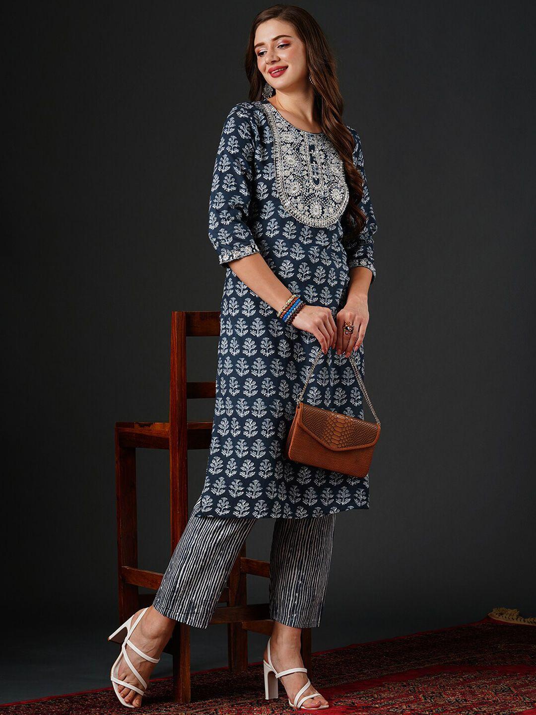 navibhu floral embroidered regular thread work kurta with trousers