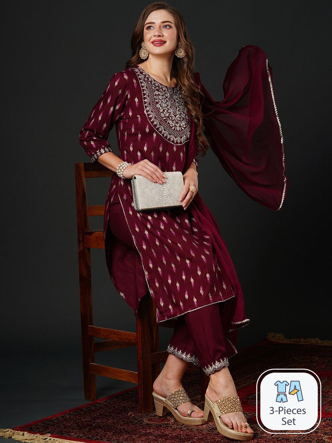 navibhu geometric embroidered thread work kurta with trousers & dupatta