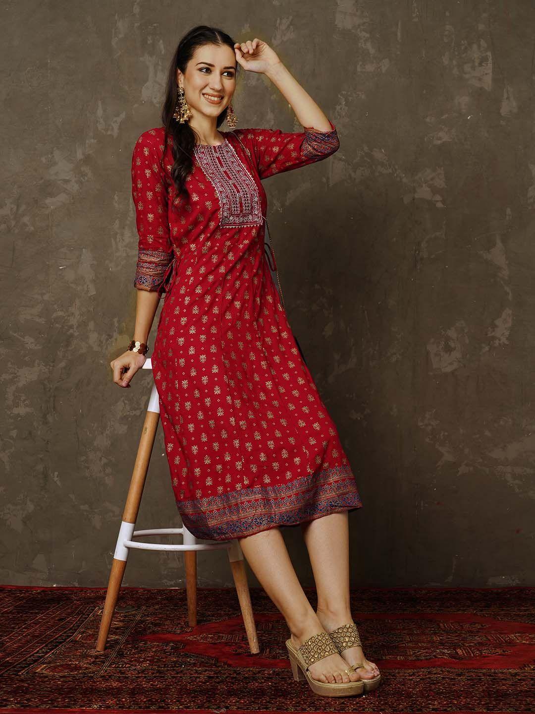 navibhu round neck floral printed sequinned midi ethnic dress