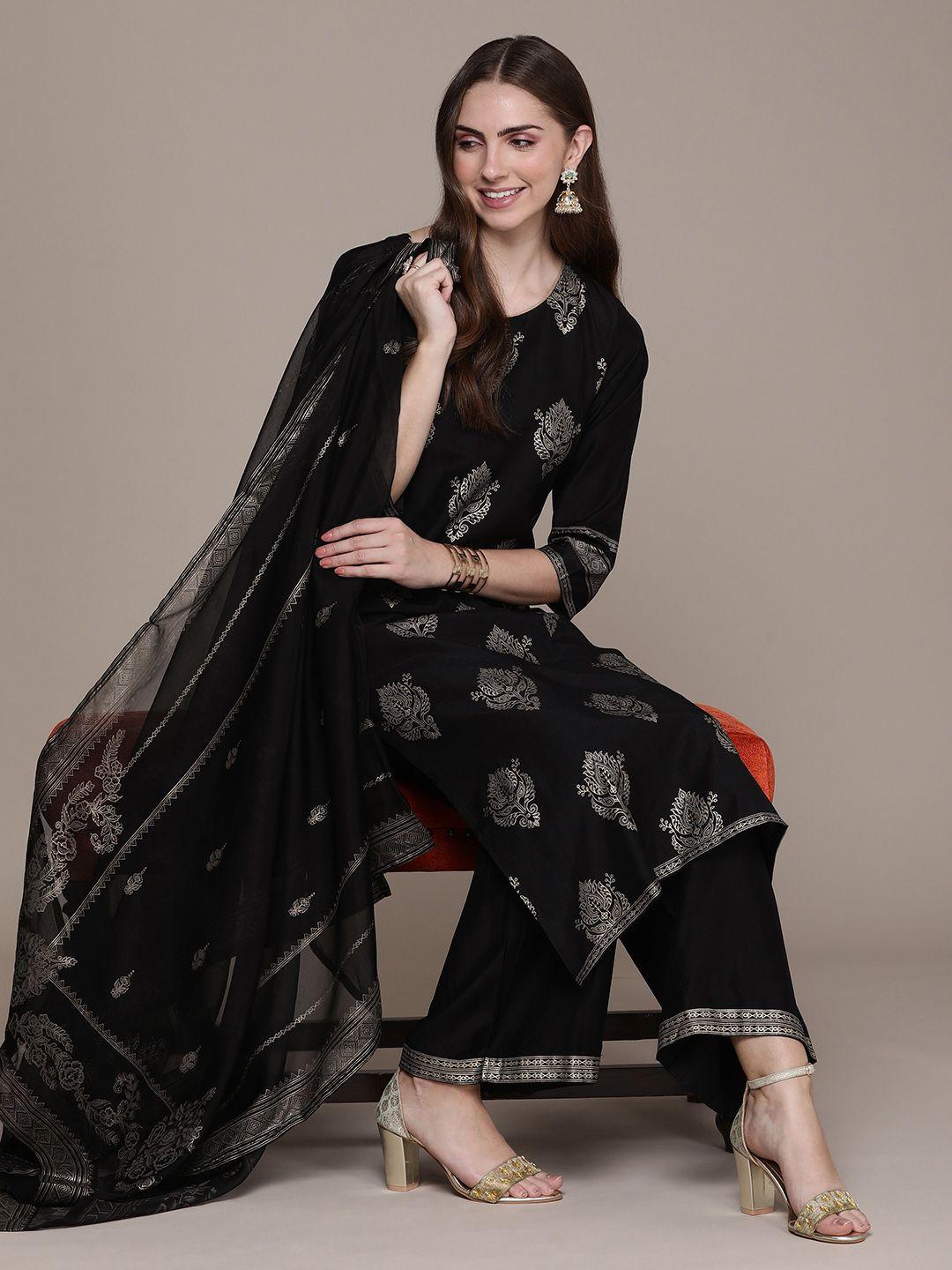 navibhu women black ethnic motifs printed regular liva kurta with trousers & with dupatta